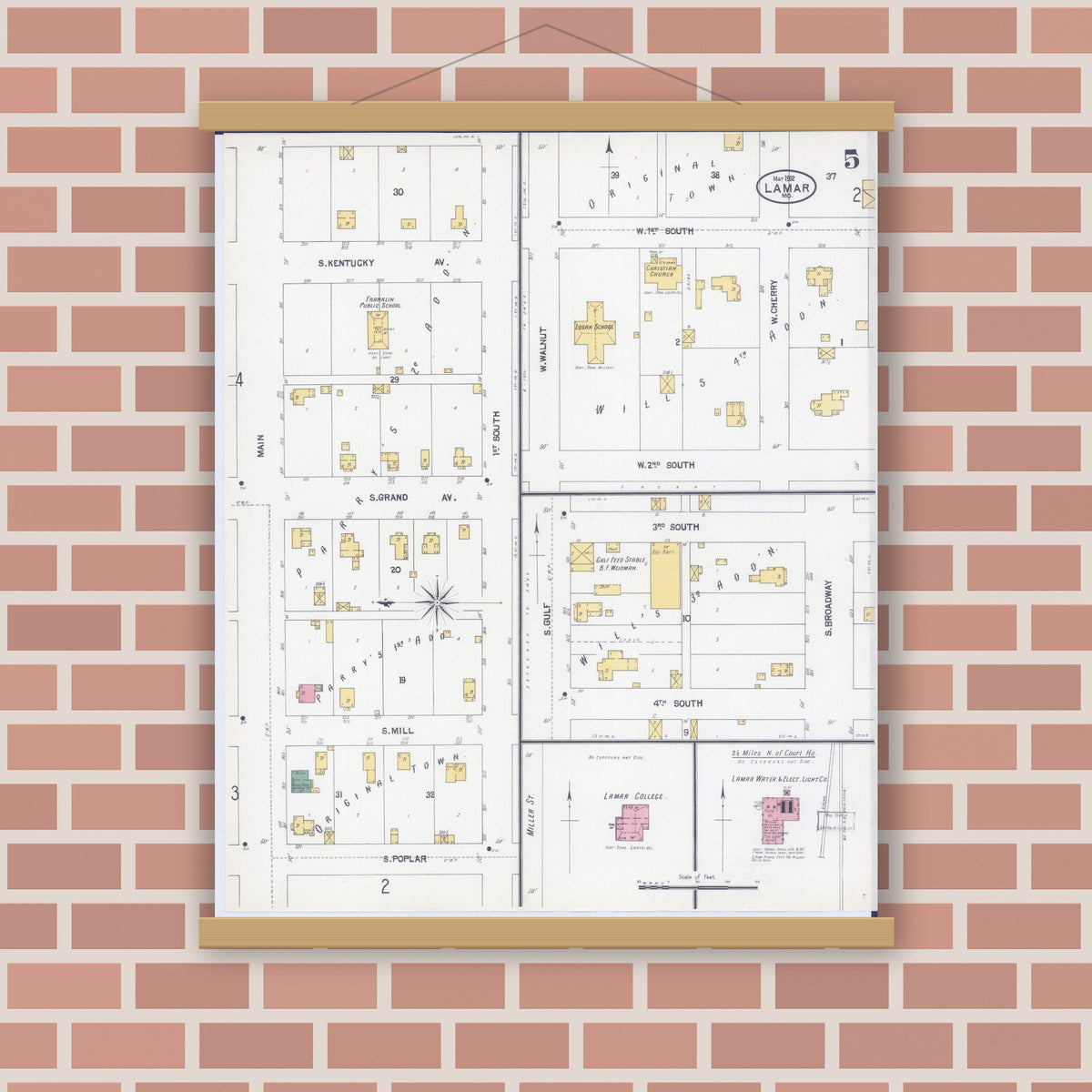 Old map wall art mockup — magnetic wood frame on brick wall — Sanborn Fire Insurance Map from Lamar, Barton County, Missouri (1902), Sheet #0005