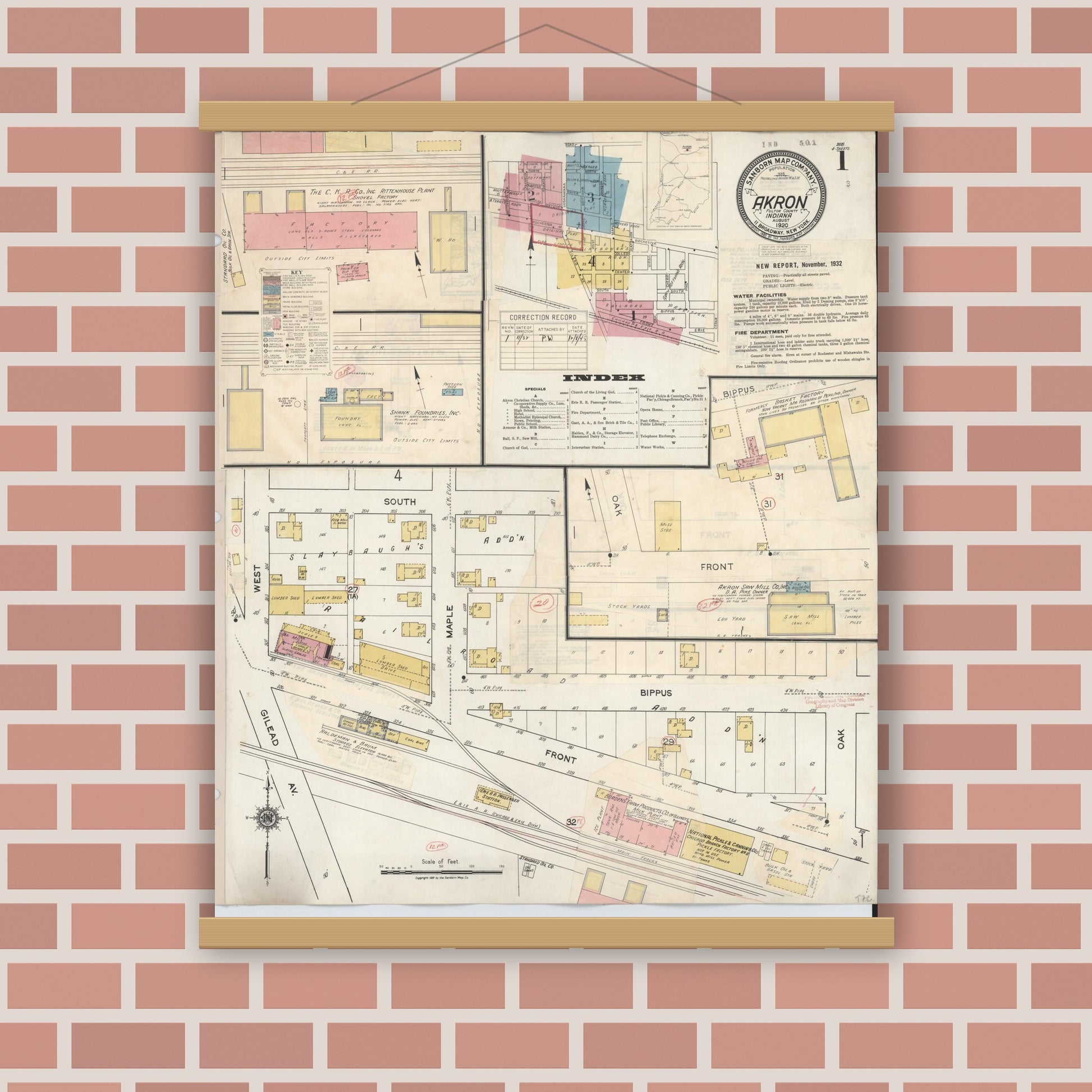 Old map wall art mockup — magnetic wood frame on brick wall — Sanborn Fire Insurance Map from Akron, Fulton County, Indiana (1932), Sheet #0001