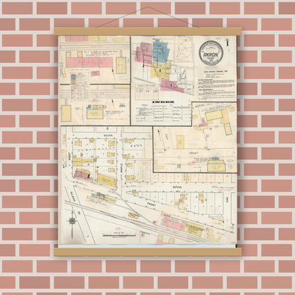 Old map wall art mockup — magnetic wood frame on brick wall — Sanborn Fire Insurance Map from Akron, Fulton County, Indiana (1932), Sheet #0001