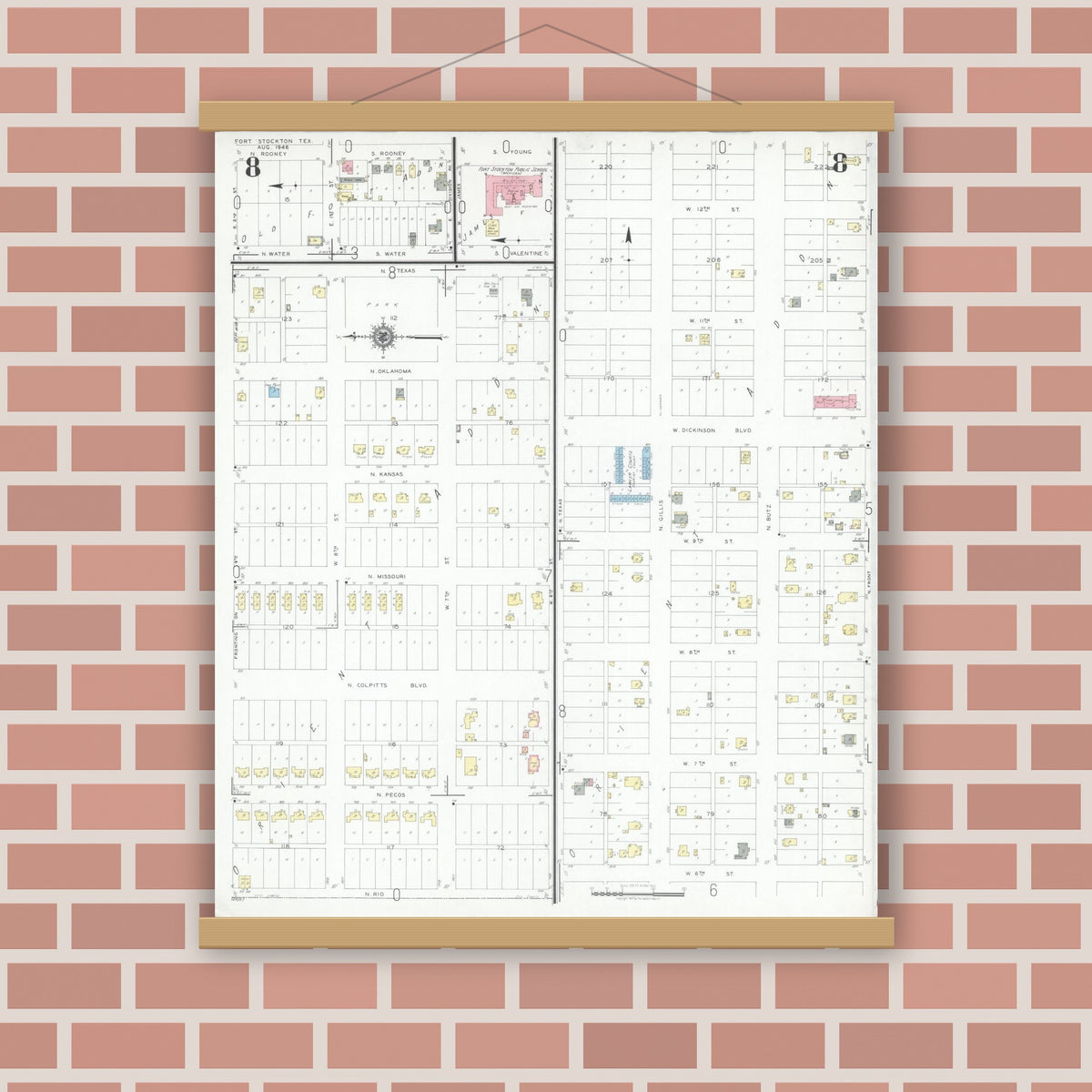 Old map wall art mockup — magnetic wood frame on brick wall — Sanborn Fire Insurance Map from Fort Stockton, Pecos County, Texas (1946), Sheet #0008
