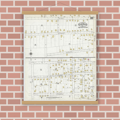 Old map wall art mockup — magnetic wood frame on brick wall — Sanborn Fire Insurance Map from Honey Grove, Fannin County, Texas (1921), Sheet #0010