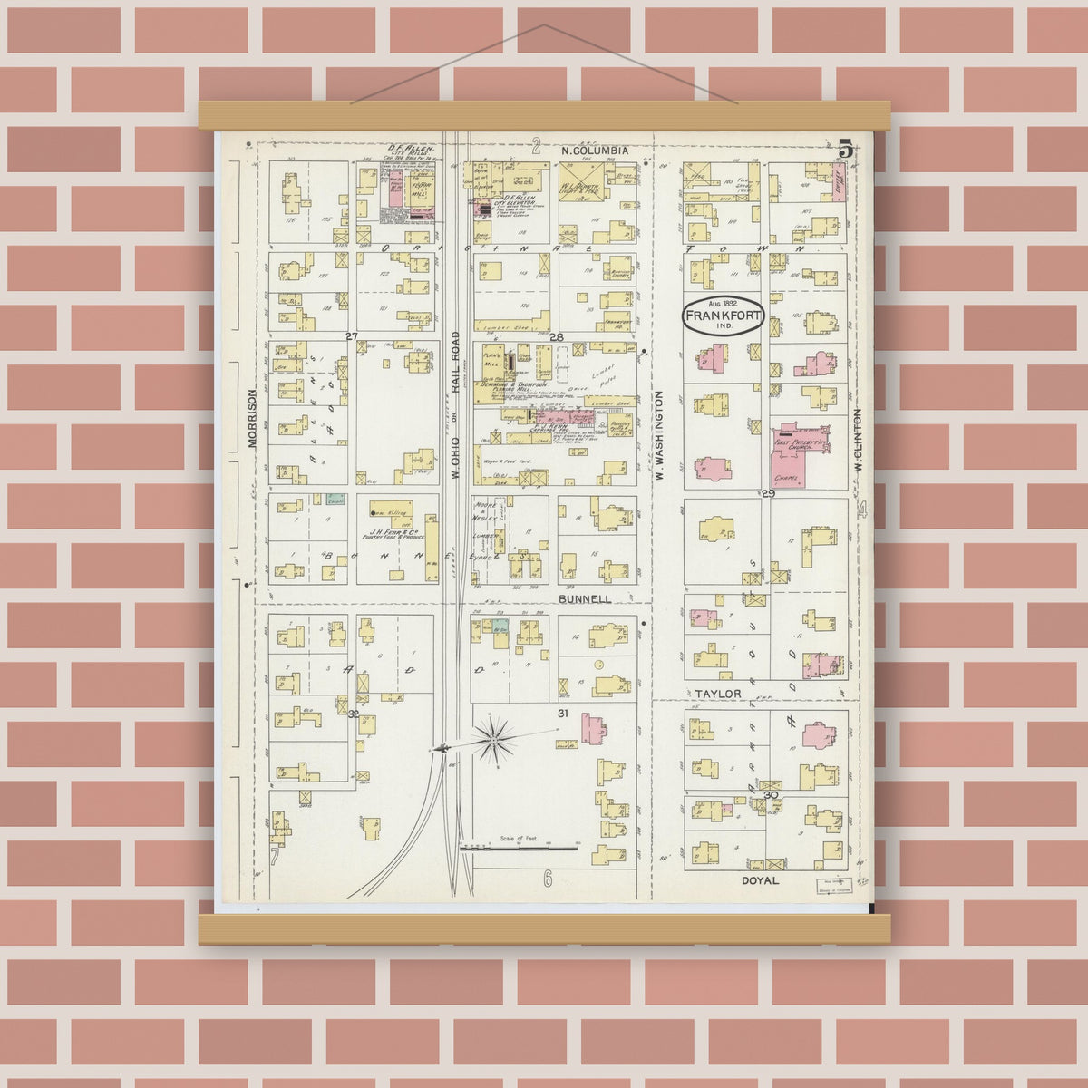 Old map wall art mockup — magnetic wood frame on brick wall — Sanborn Fire Insurance Map from Frankfort, Clinton County, Indiana (1892), Sheet #0005