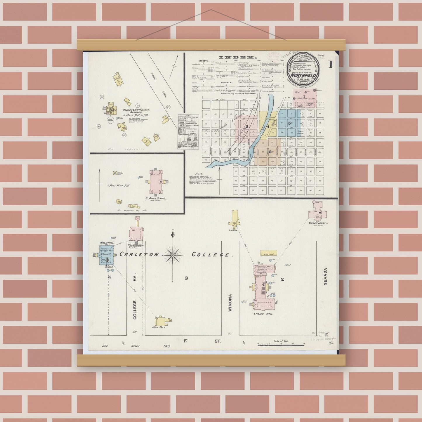 Old map wall art mockup — magnetic wood frame on brick wall — Sanborn Fire Insurance Map from Northfield, Rice County, Minnesota (1889), Sheet #0001