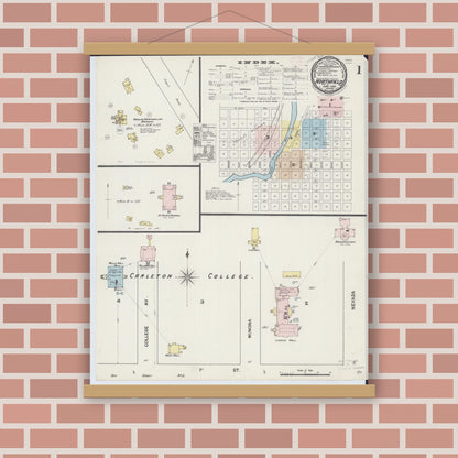 Old map wall art mockup — magnetic wood frame on brick wall — Sanborn Fire Insurance Map from Northfield, Rice County, Minnesota (1889), Sheet #0001