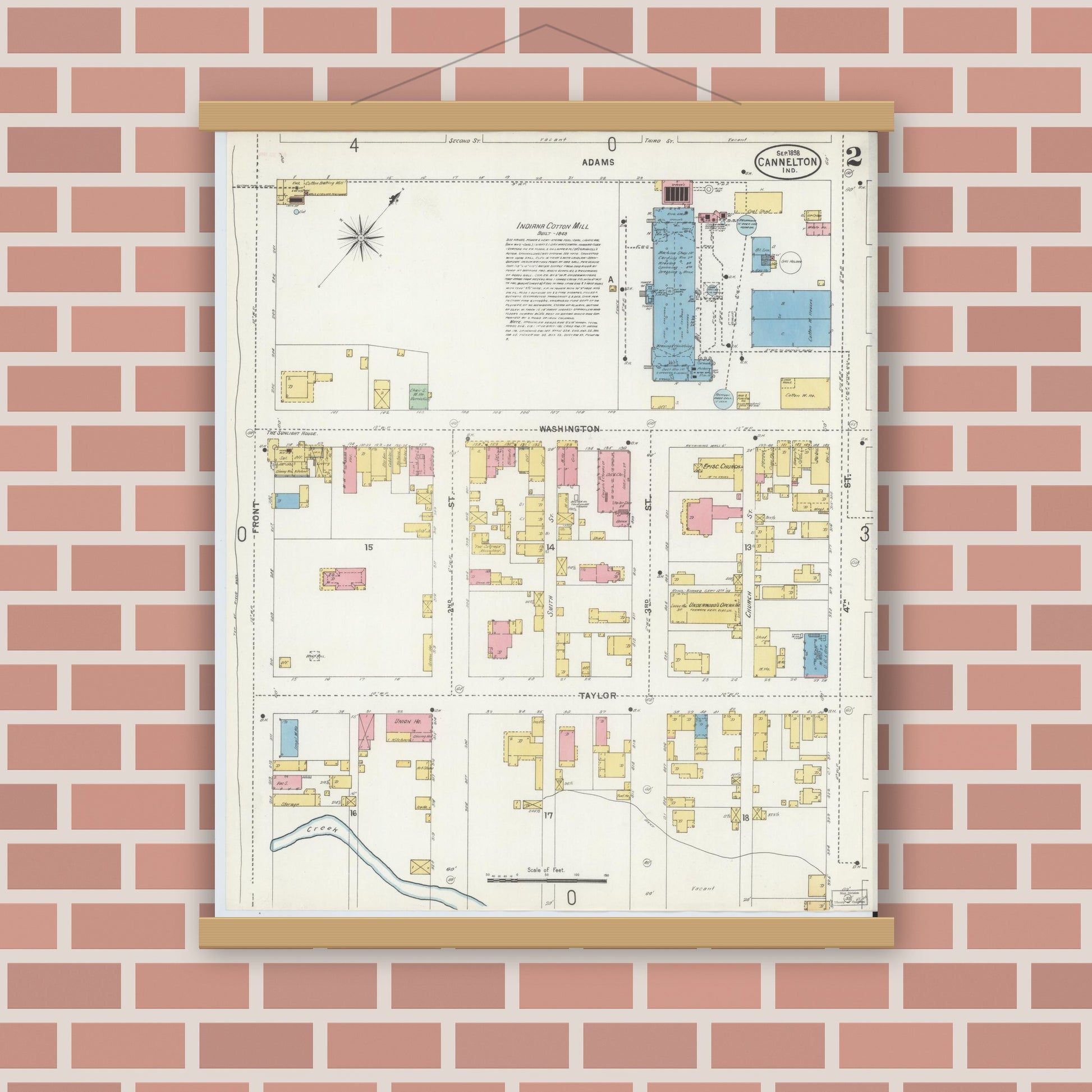 Old map wall art mockup — magnetic wood frame on brick wall — Sanborn Fire Insurance Map from Cannelton, Perry County, Indiana (1898), Sheet #0002