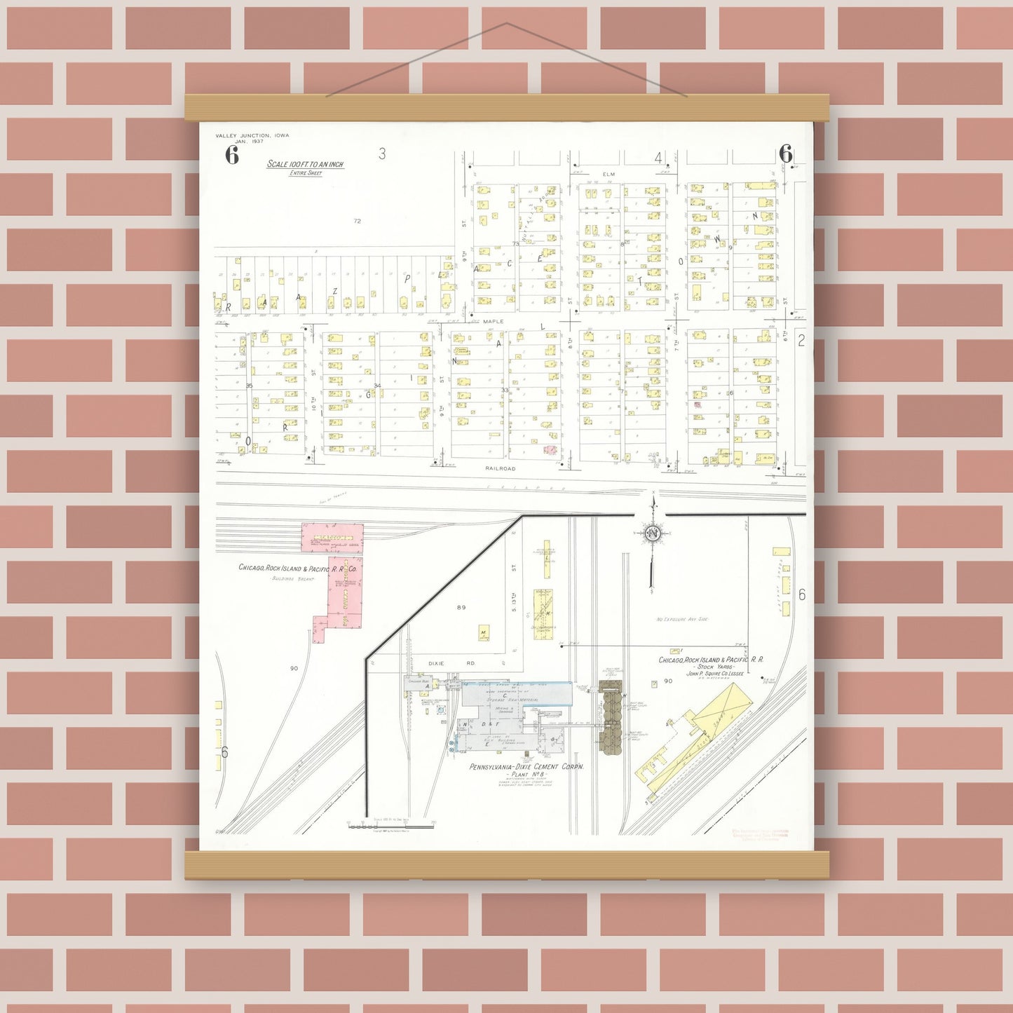 Old map wall art mockup — magnetic wood frame on brick wall — Sanborn Fire Insurance Map from Valley Junction, Polk County, Iowa (1937), Sheet #0006