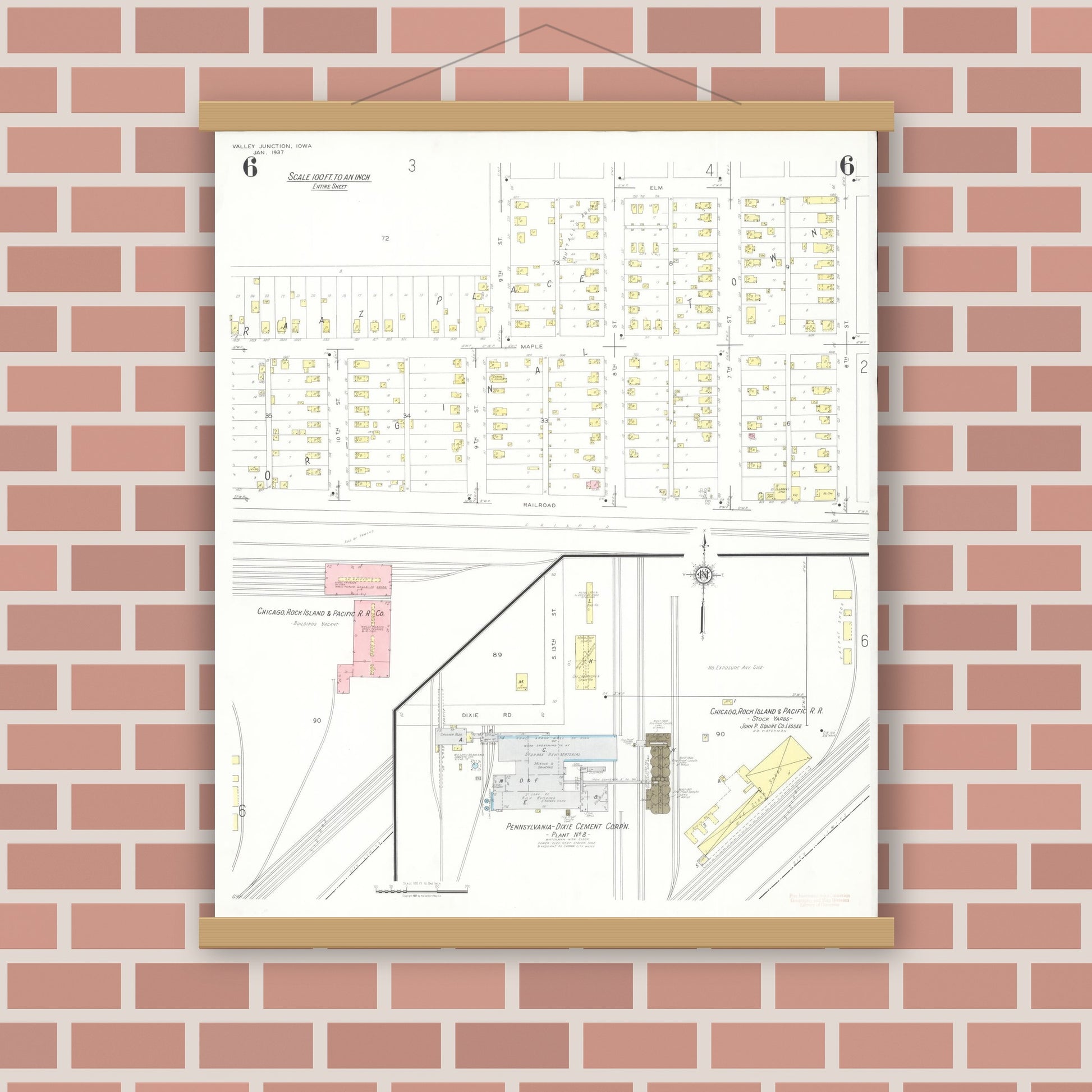 Old map wall art mockup — magnetic wood frame on brick wall — Sanborn Fire Insurance Map from Valley Junction, Polk County, Iowa (1937), Sheet #0006