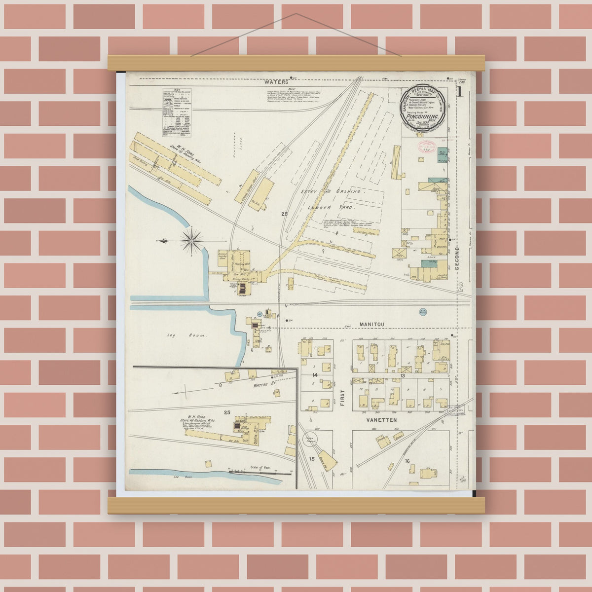 Old map wall art mockup — magnetic wood frame on brick wall — Sanborn Fire Insurance Map from Pinconning, Bay County, Michigan (1894), Sheet #0001