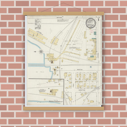 Old map wall art mockup — magnetic wood frame on brick wall — Sanborn Fire Insurance Map from Pinconning, Bay County, Michigan (1894), Sheet #0001