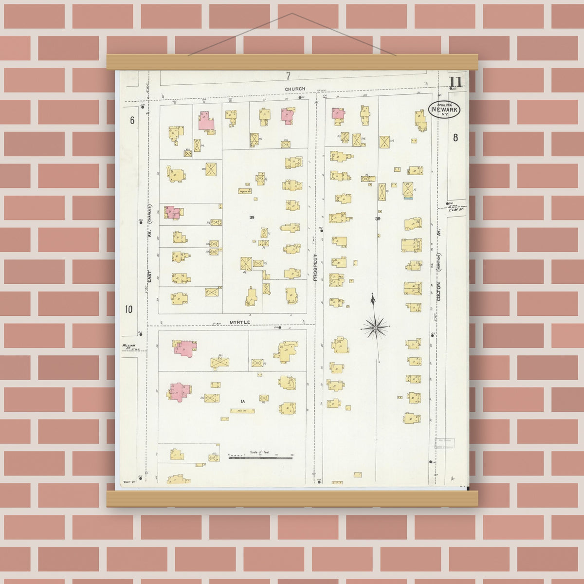 Old map wall art mockup — magnetic wood frame on brick wall — Sanborn Fire Insurance Map from Newark, Wayne County, New York (1906), Sheet #0011