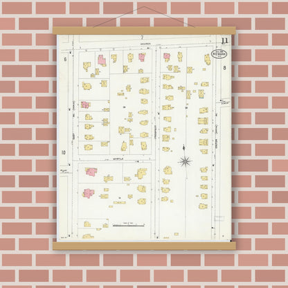 Old map wall art mockup — magnetic wood frame on brick wall — Sanborn Fire Insurance Map from Newark, Wayne County, New York (1906), Sheet #0011