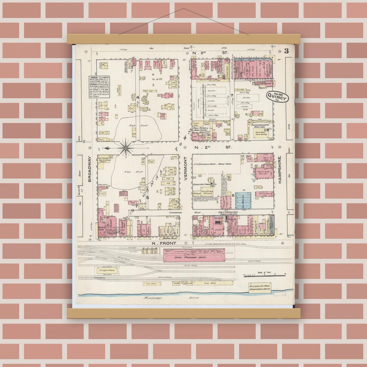 Old map wall art mockup — magnetic wood frame on brick wall — Sanborn Fire Insurance Map from Quincy, Adams County, Illinois (1883), Sheet #0003
