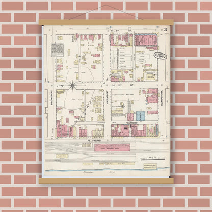 Old map wall art mockup — magnetic wood frame on brick wall — Sanborn Fire Insurance Map from Quincy, Adams County, Illinois (1883), Sheet #0003