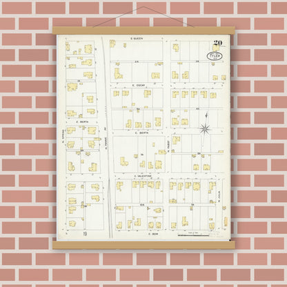 Old map wall art mockup — magnetic wood frame on brick wall — Sanborn Fire Insurance Map from Tyler, Smith County, Texas (1907), Sheet #0020