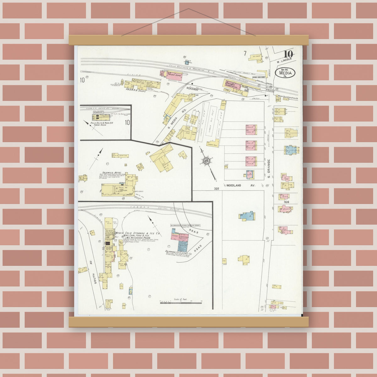 Old map wall art mockup — magnetic wood frame on brick wall — Sanborn Fire Insurance Map from Media, Delaware County, Pennsylvania (1912), Sheet #0010