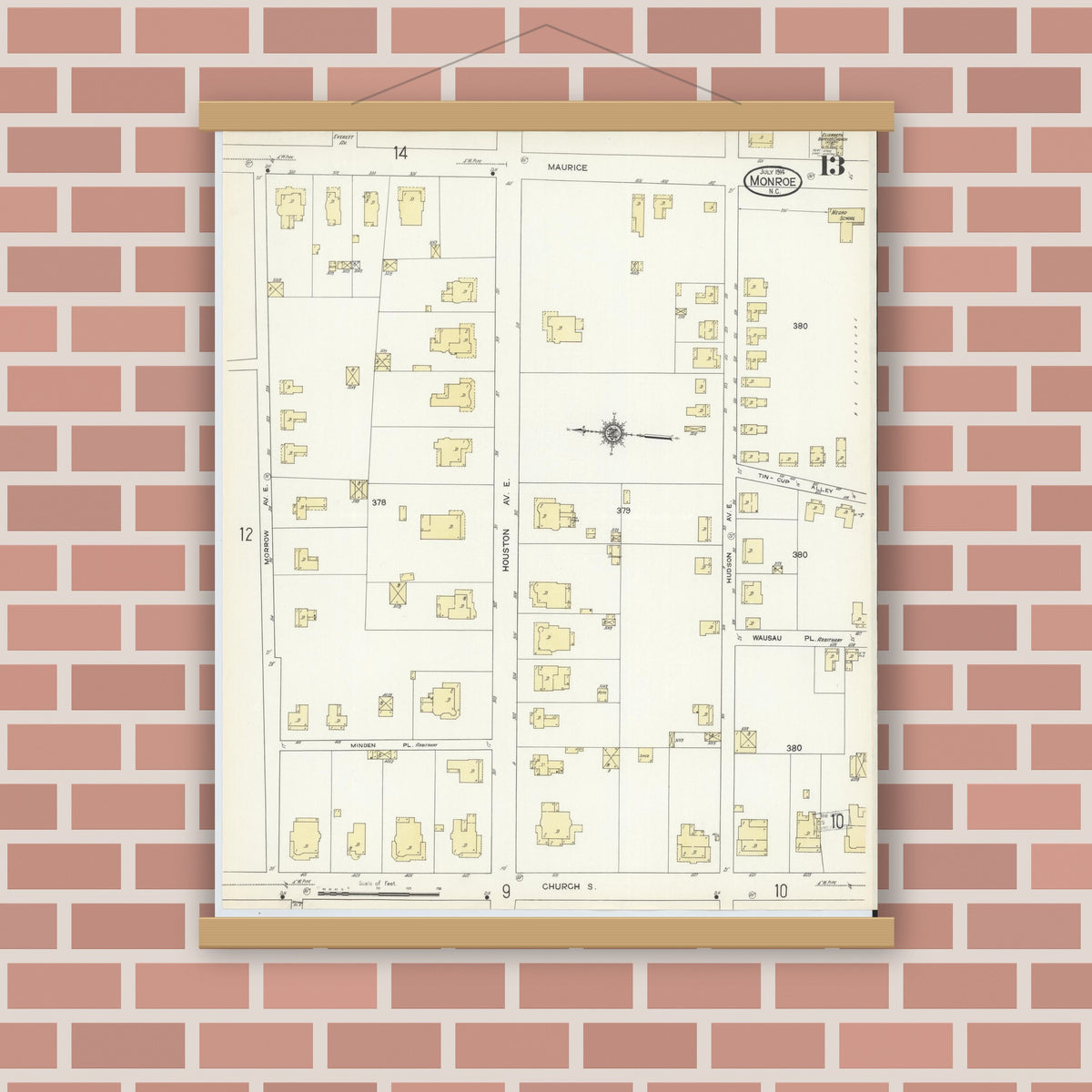 Old map wall art mockup — magnetic wood frame on brick wall — Sanborn Fire Insurance Map from Monroe, Union County, North Carolina (1914), Sheet #0013