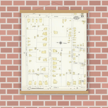 Old map wall art mockup — magnetic wood frame on brick wall — Sanborn Fire Insurance Map from Monroe, Union County, North Carolina (1914), Sheet #0013