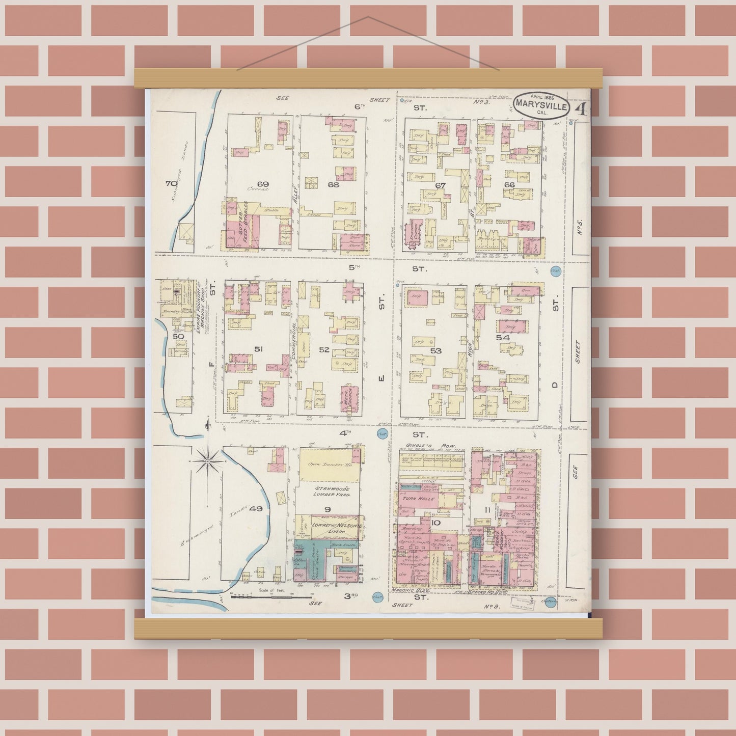 Old map wall art mockup — magnetic wood frame on brick wall — Sanborn Fire Insurance Map from Marysville, Yuba County, California (1885), Sheet #0004