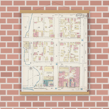 Old map wall art mockup — magnetic wood frame on brick wall — Sanborn Fire Insurance Map from Marysville, Yuba County, California (1885), Sheet #0004