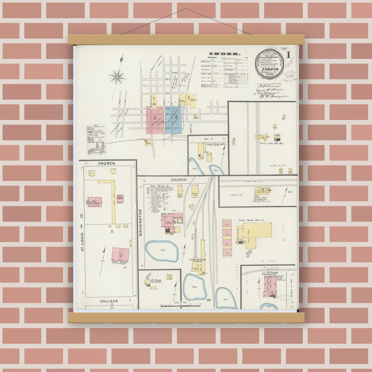Old map wall art mockup — magnetic wood frame on brick wall — Sanborn Fire Insurance Map from Sparta, Randolph County, Illinois (1894) - Complete Map Set