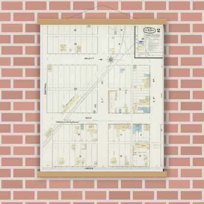 Old map wall art mockup — magnetic wood frame on brick wall — Sanborn Fire Insurance Map from Albany, Shackelford County, Texas (1891), Sheet #0002