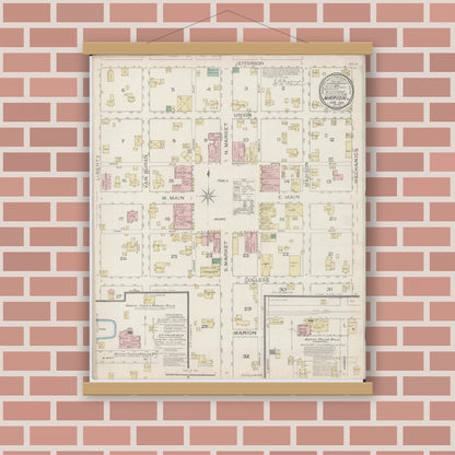 Old map wall art mockup — magnetic wood frame on brick wall — Sanborn Fire Insurance Map from Marion, Williamson County, Illinois (1886), Sheet #0001