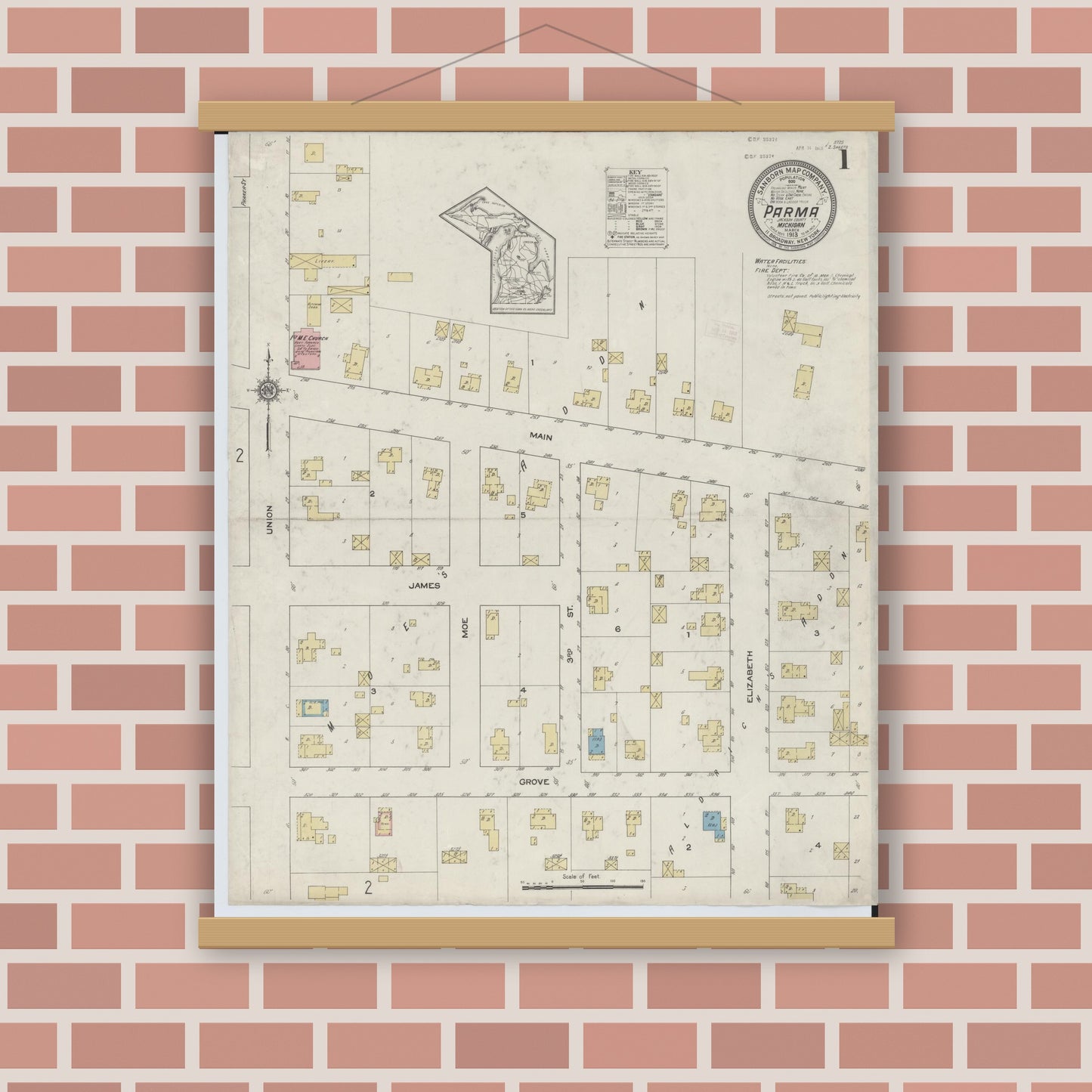 Old map wall art mockup — magnetic wood frame on brick wall — Sanborn Fire Insurance Map from Parma, Jackson County, Michigan (1913) - Complete Map Set