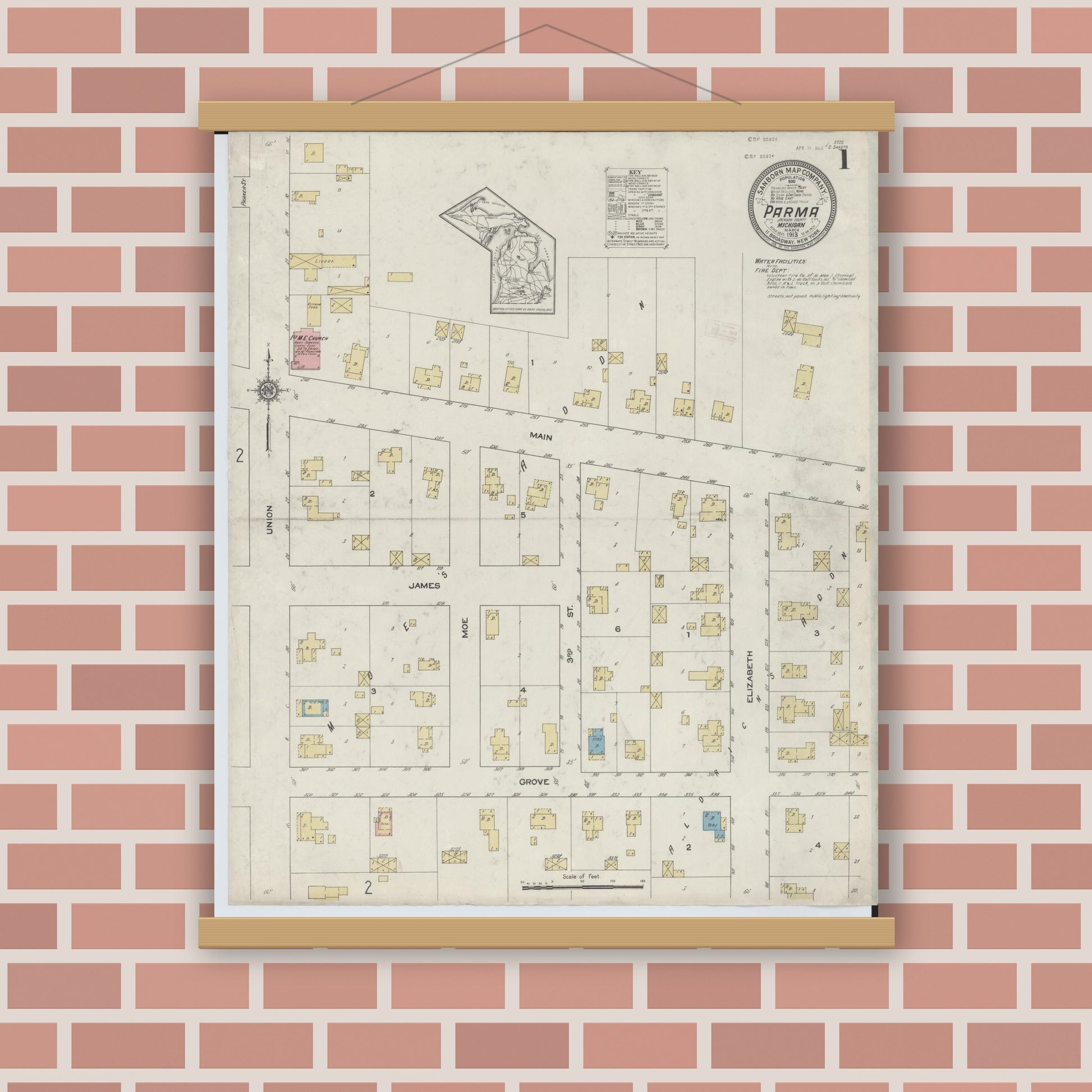 Old map wall art mockup — magnetic wood frame on brick wall — Sanborn Fire Insurance Map from Parma, Jackson County, Michigan (1913) - Complete Map Set