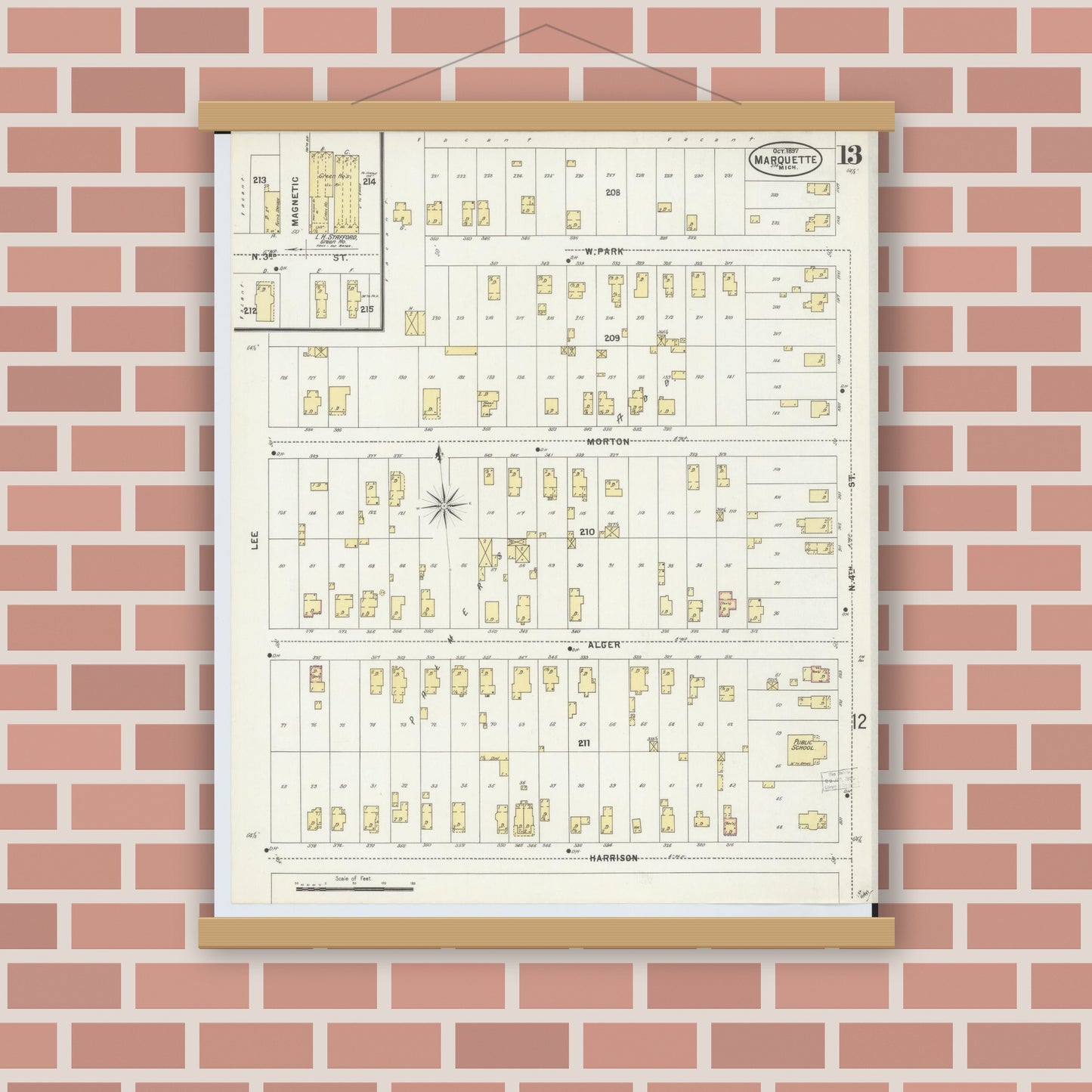 Old map wall art mockup — magnetic wood frame on brick wall — Sanborn Fire Insurance Map from Marquette, Marquette County, Michigan (1897), Sheet #0013