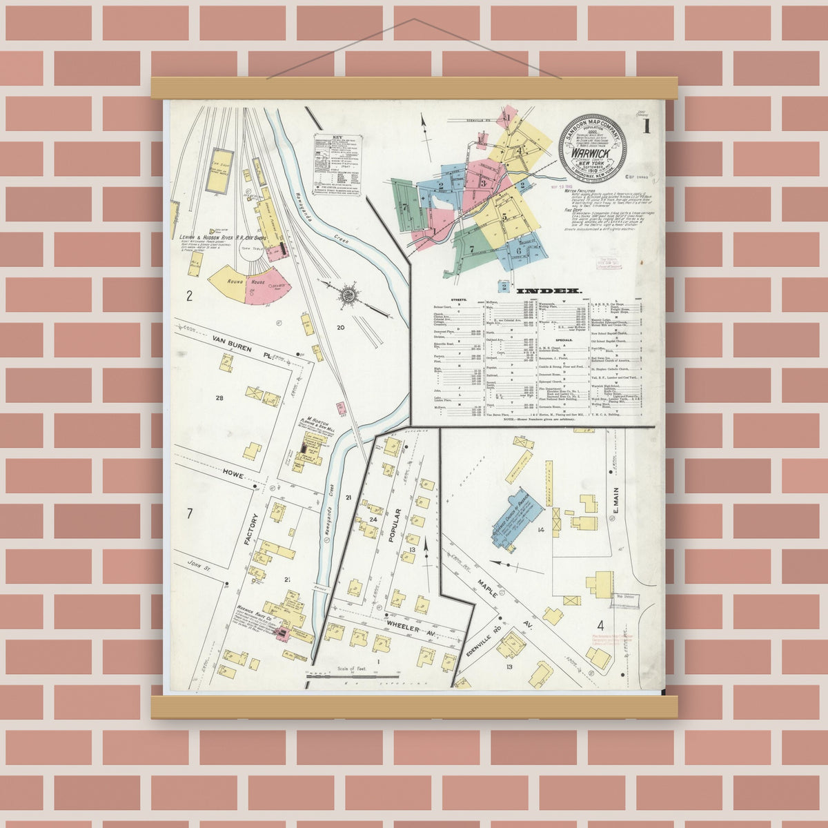 Old map wall art mockup — magnetic wood frame on brick wall — Sanborn Fire Insurance Map from Warwick, Orange County, New York (1910) - Complete Map Set