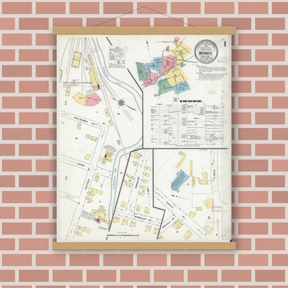 Old map wall art mockup — magnetic wood frame on brick wall — Sanborn Fire Insurance Map from Warwick, Orange County, New York (1910) - Complete Map Set
