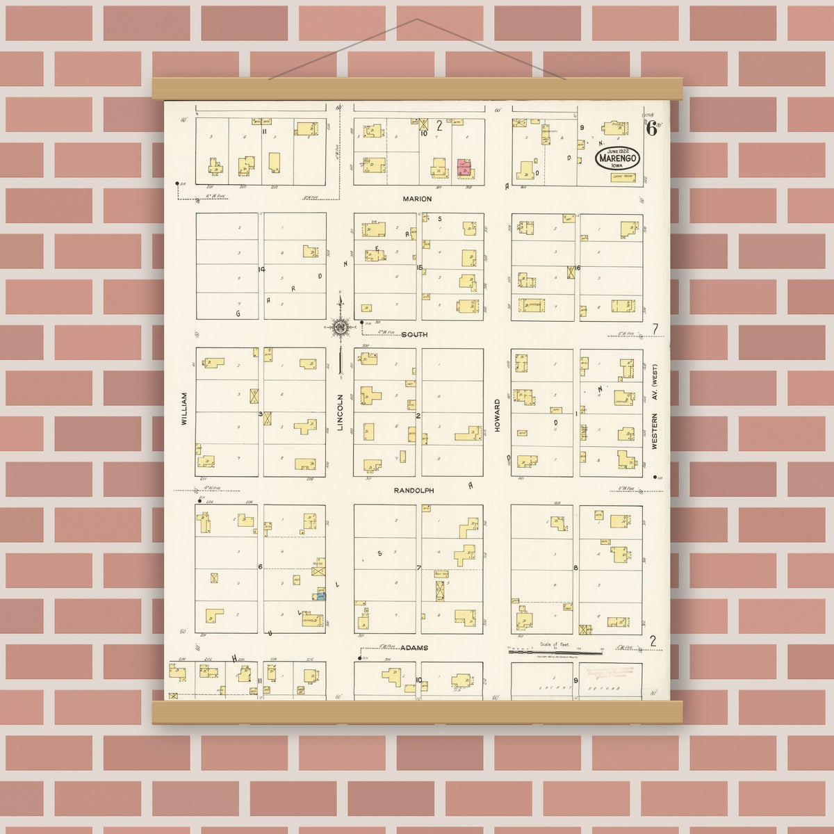 Old map wall art mockup — magnetic wood frame on brick wall — Sanborn Fire Insurance Map from Marengo, Iowa County, Iowa (1922), Sheet #0006