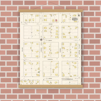 Old map wall art mockup — magnetic wood frame on brick wall — Sanborn Fire Insurance Map from Marengo, Iowa County, Iowa (1922), Sheet #0006