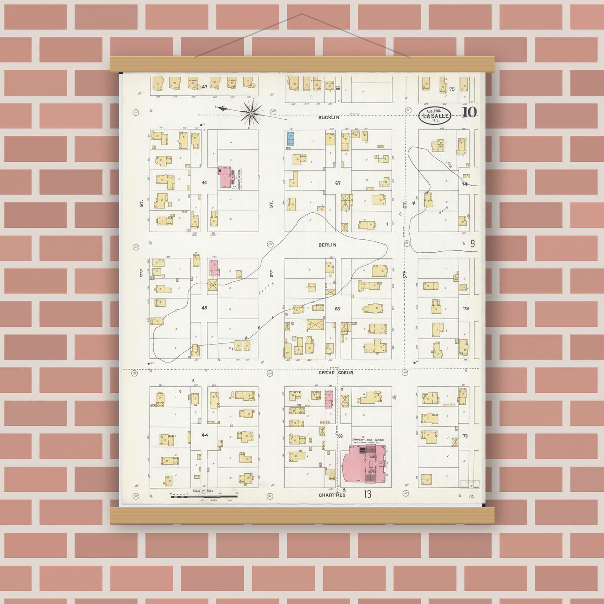 Old map wall art mockup — magnetic wood frame on brick wall — Sanborn Fire Insurance Map from La Salle, La Salle County, Illinois (1906), Sheet #0010
