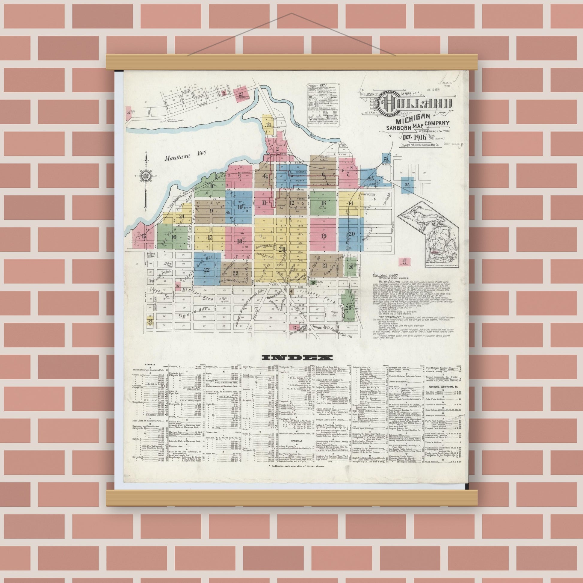 Old map wall art mockup — magnetic wood frame on brick wall — Sanborn Fire Insurance Map from Holland, Ottawa County, Michigan (1916) - Complete Map Set