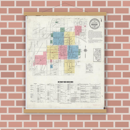 Old map wall art mockup — magnetic wood frame on brick wall — Sanborn Fire Insurance Map from Marion, Williamson County, Illinois (1913) - Complete Map Set