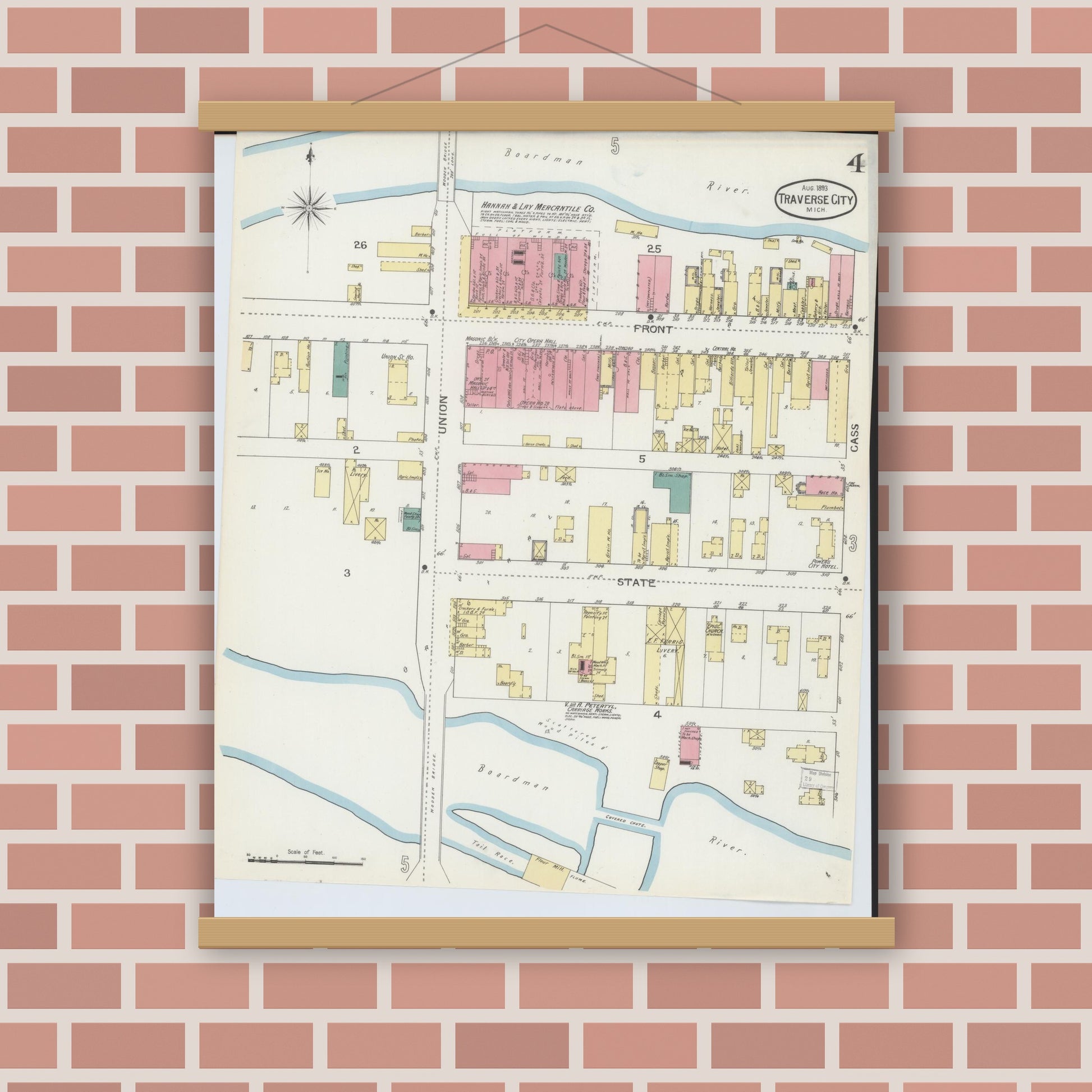Old map wall art mockup — magnetic wood frame on brick wall — Sanborn Fire Insurance Map from Traverse City, Grand Traverse County, Michigan (1893), Sheet #0004
