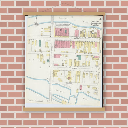 Old map wall art mockup — magnetic wood frame on brick wall — Sanborn Fire Insurance Map from Traverse City, Grand Traverse County, Michigan (1893), Sheet #0004