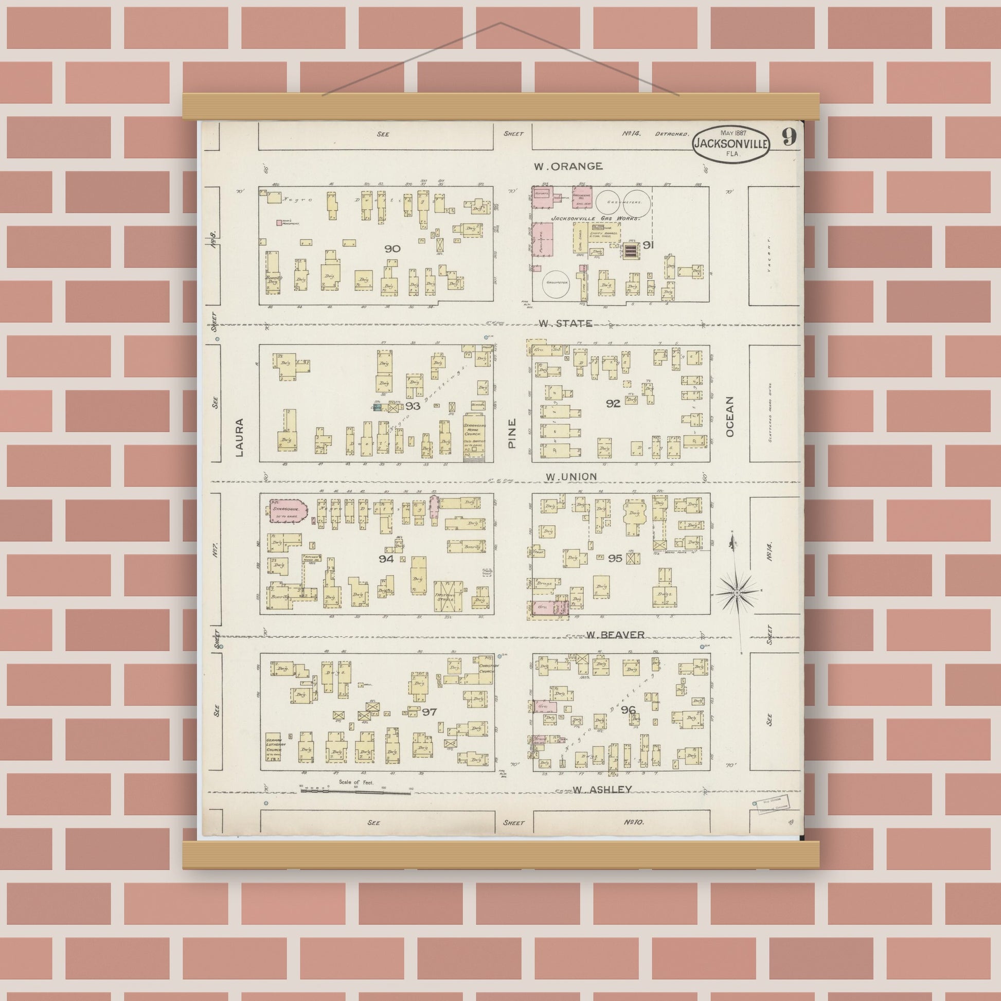 Old map wall art mockup — magnetic wood frame on brick wall — Sanborn Fire Insurance Map from Jacksonville, Duval County, Florida (1887), Sheet #0009