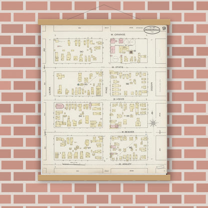 Old map wall art mockup — magnetic wood frame on brick wall — Sanborn Fire Insurance Map from Jacksonville, Duval County, Florida (1887), Sheet #0009