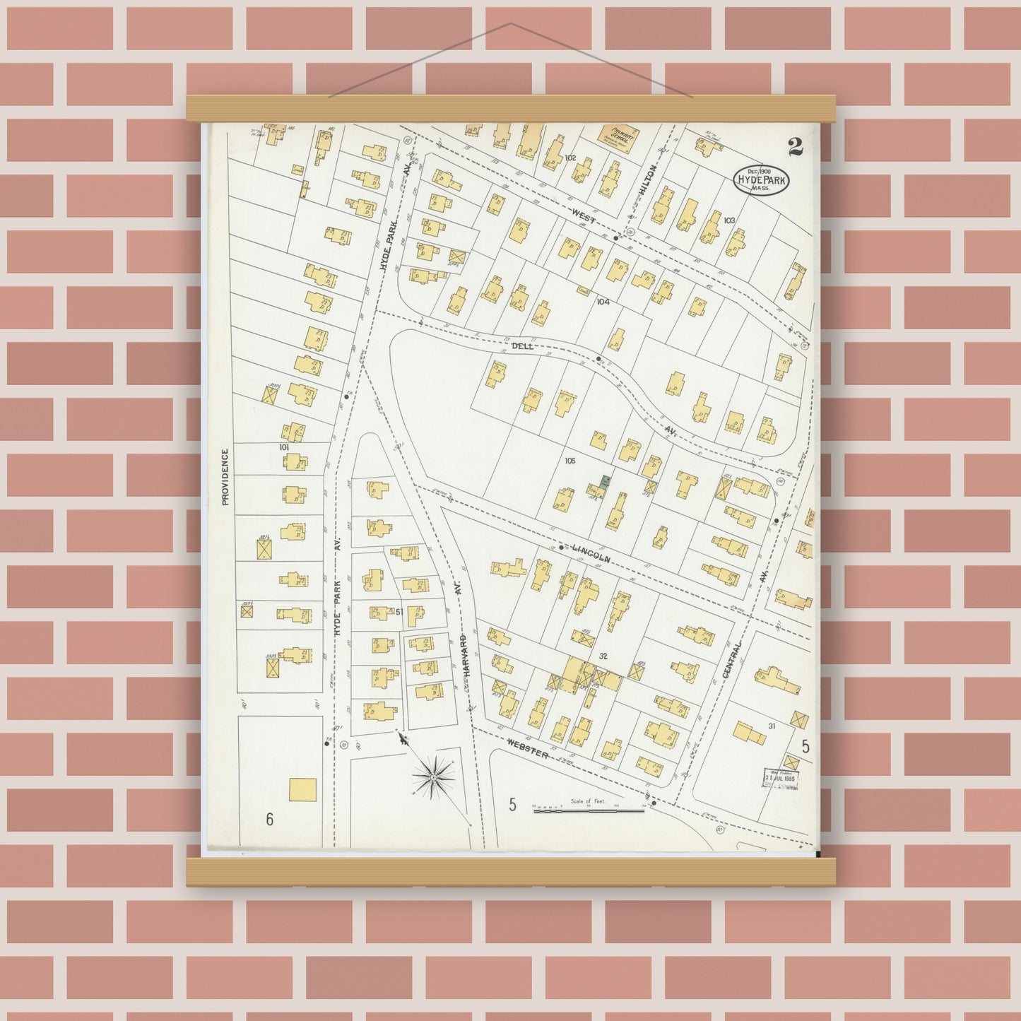 Old map wall art mockup — magnetic wood frame on brick wall — Sanborn Fire Insurance Map from Hyde Park, Norfolk County, Massachusetts (1900), Sheet #0002