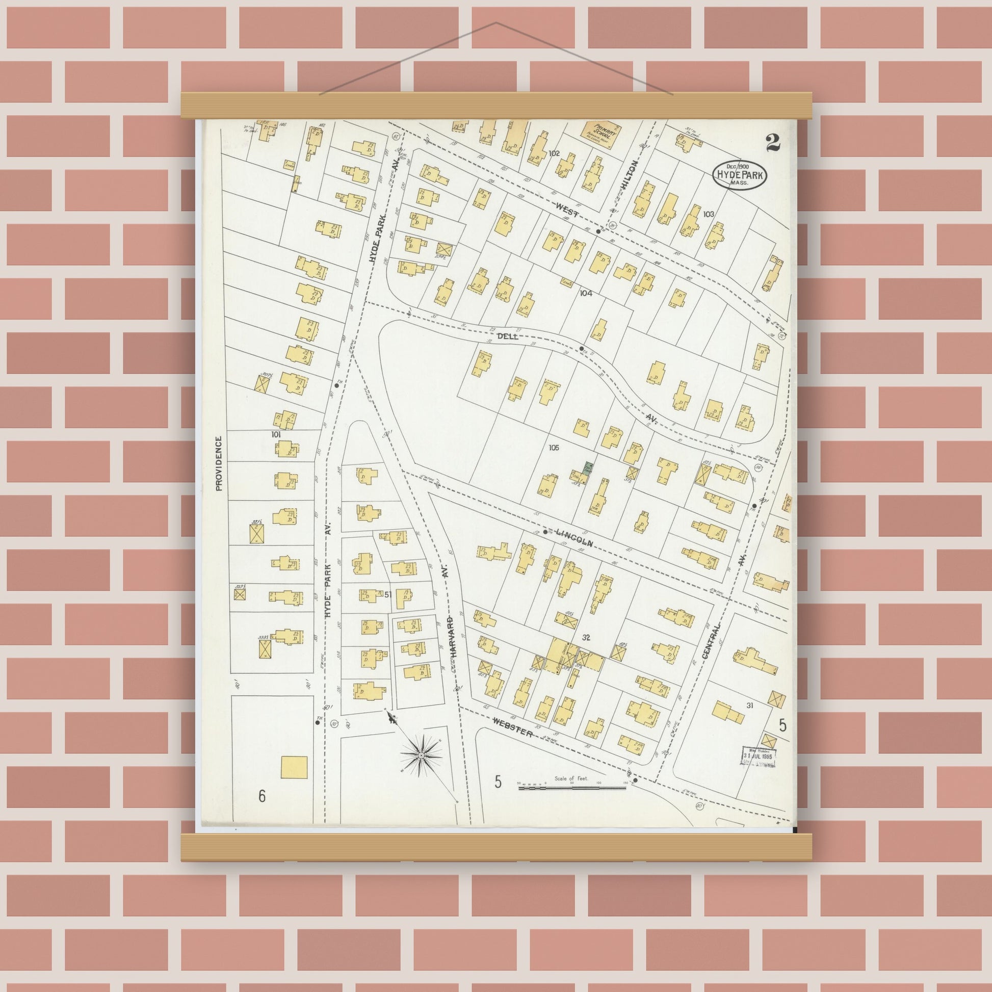 Old map wall art mockup — magnetic wood frame on brick wall — Sanborn Fire Insurance Map from Hyde Park, Norfolk County, Massachusetts (1900), Sheet #0002