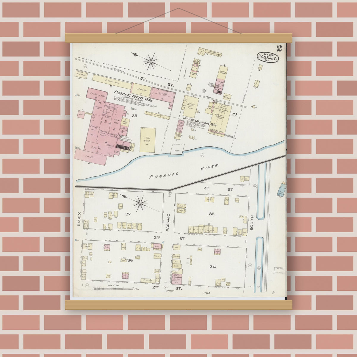 Old map wall art mockup — magnetic wood frame on brick wall — Sanborn Fire Insurance Map from Passaic, Passaic County, New Jersey (1886) - Complete Map Set