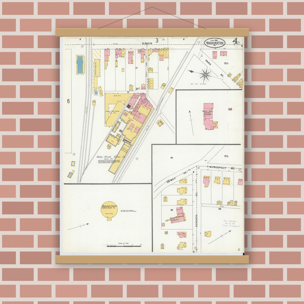 Old map wall art mockup — magnetic wood frame on brick wall — Sanborn Fire Insurance Map from Washington, Washington County, Pennsylvania (1904), Sheet #0004