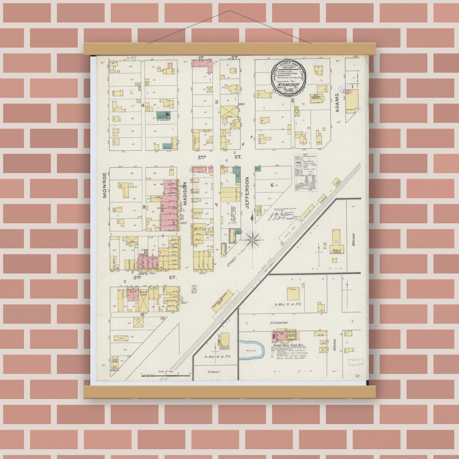 Old map wall art mockup — magnetic wood frame on brick wall — Sanborn Fire Insurance Map from Kinmundy, Marion County, Illinois (1893), Sheet #0001
