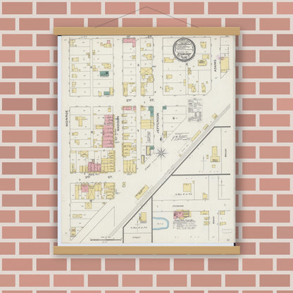 Old map wall art mockup — magnetic wood frame on brick wall — Sanborn Fire Insurance Map from Kinmundy, Marion County, Illinois (1893), Sheet #0001