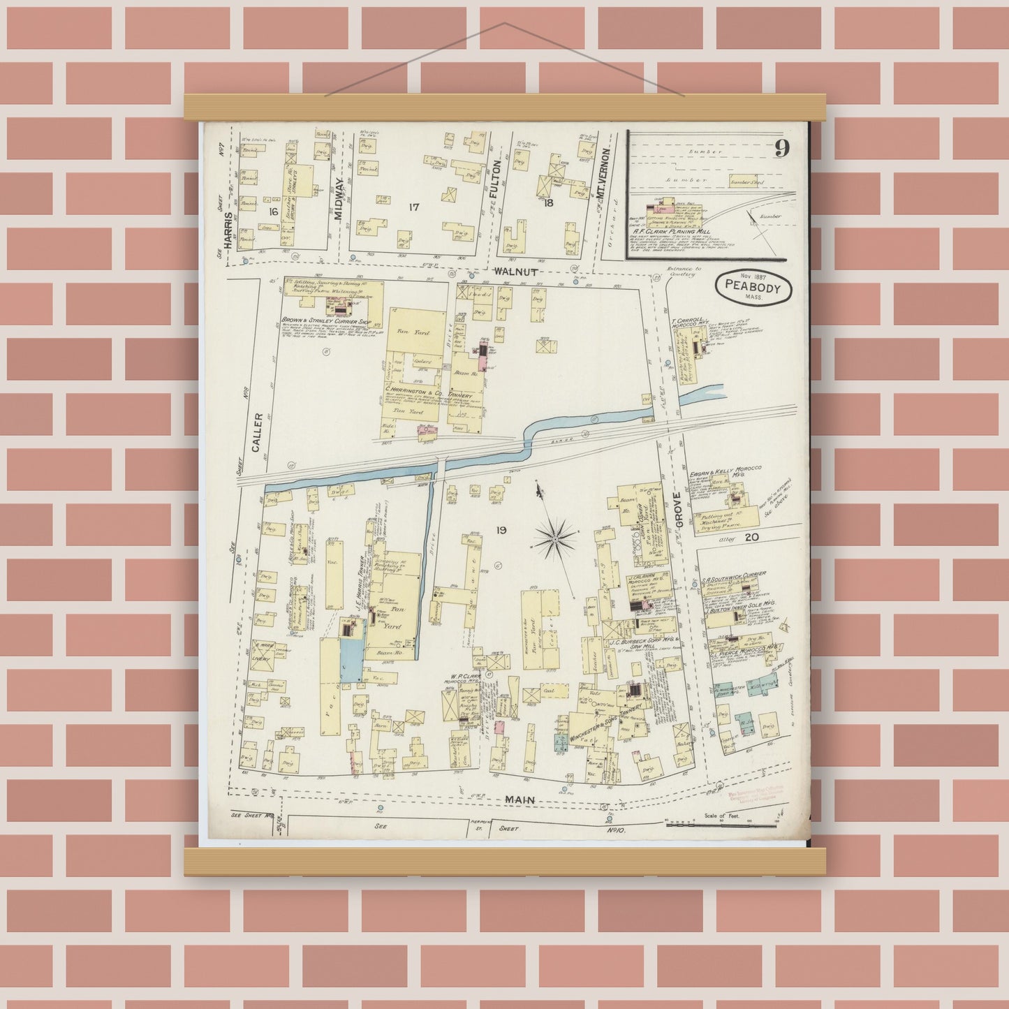 Old map wall art mockup — magnetic wood frame on brick wall — Sanborn Fire Insurance Map from Peabody, Essex County, Massachusetts (1887), Sheet #0009
