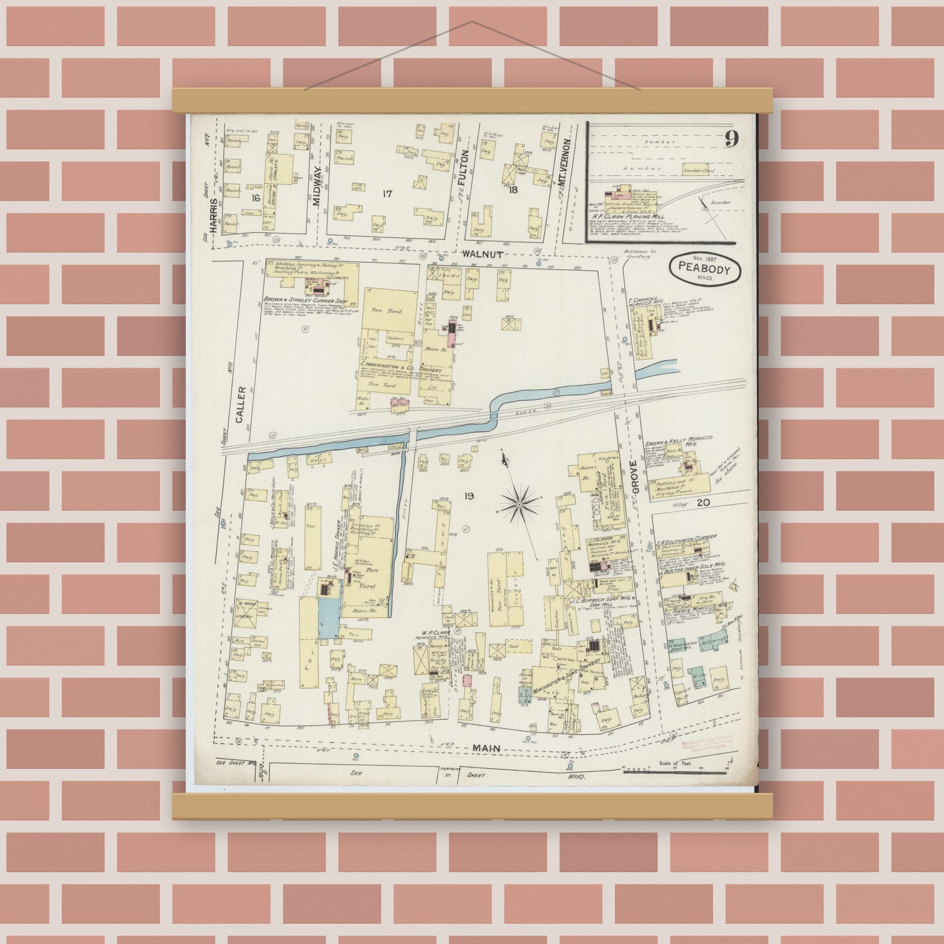 Old map wall art mockup — magnetic wood frame on brick wall — Sanborn Fire Insurance Map from Peabody, Essex County, Massachusetts (1887), Sheet #0009