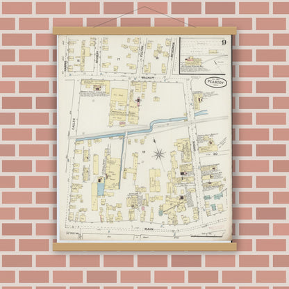Old map wall art mockup — magnetic wood frame on brick wall — Sanborn Fire Insurance Map from Peabody, Essex County, Massachusetts (1887), Sheet #0009