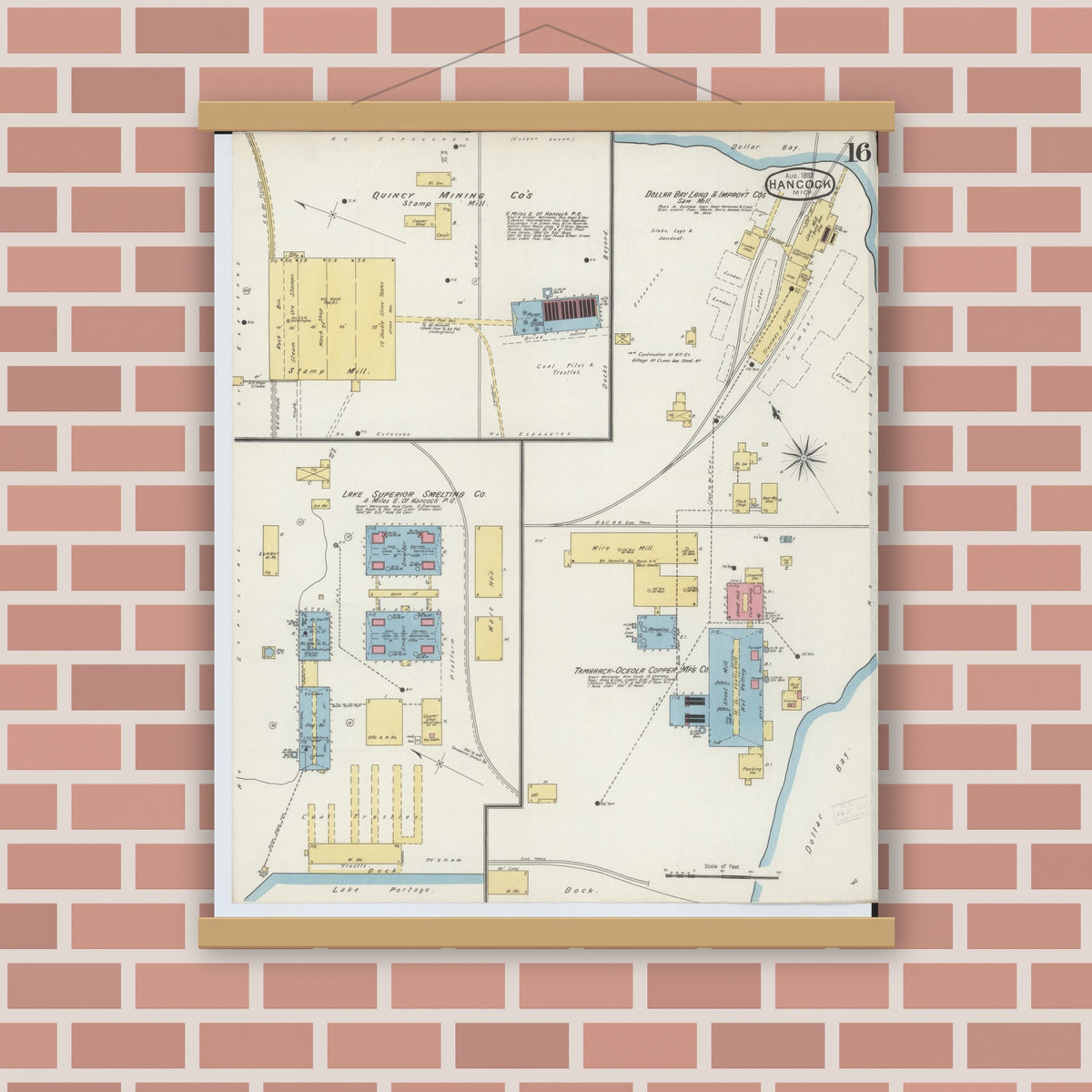 Old map wall art mockup — magnetic wood frame on brick wall — Sanborn Fire Insurance Map from Houghton, Houghton County, Michigan (1893), Sheet #0016